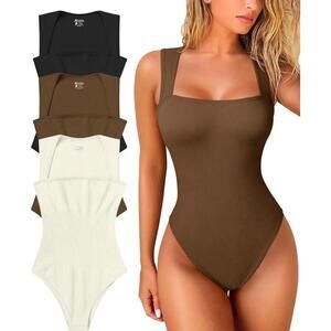 XXL - OQQ Women's 3 Piece Bodysuits ( Cream/Black/Brown)